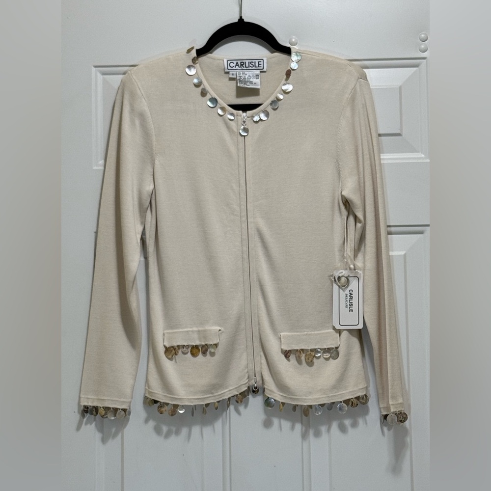 Carlisle Women's Vintage Pearly Shells Silky Cardigan in Cream Color Size S NWT
